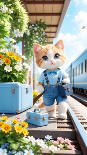 Side view shot, Flowers bloom, On the train station platform, a scene of blooming flowers, a train stopped in front of the station, a cute furry kitten with big eyes, wearing light blue and white T-shirt and suspender jeans, holding a suitcase and preparing to board the train, depth_of_field, flowers bloom bokeh background, movie scene style, realistic high quality.