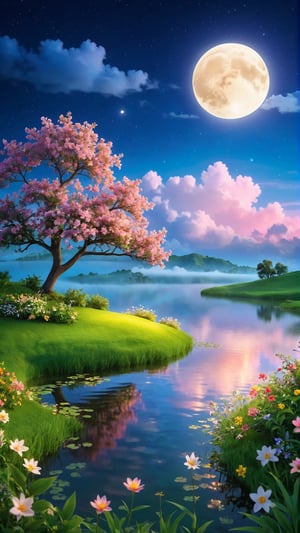 Night style, moon light and beautiful clouds, Flowers bloom morning, lake and grass land  , Wild flowers blooming fantastic amazing tale and beautiful flowers tree on the bank, landscape style realistic high quality, night sky clouds, depth of field, fairy tone paradise place in the image and amazing place for the best moment. Night scene.