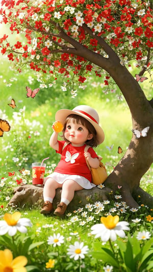 In spring, the flowers are in bloom. There is a cute little fat adorable girl sitting under the flower tree, wearing a red and white T-shirt and a hat. She take a juice to drink. Her cute expression is really cute and playful. .  Wildflowers are blooming and butterflies are fluttering.  It's like a wonderland.  movie scene.  Depth of field.