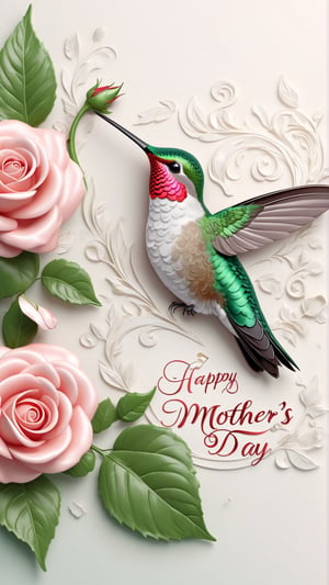 A stunning 3D render of a beautifully designed note, with elegant text that reads "Happy Mother's Day" The note features a delightful hummingbird drawing on a leaf, accompanied by a charming rose. The illustration is intricately detailed, with a sophisticated and cinematic style. The overall aesthetic of the image is both fashionable and artistic, perfect for a poster or photo.