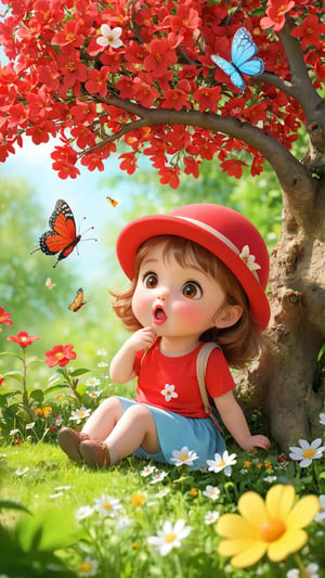 In spring, flowers are blooming. There is a cute little girl wearing a red hat and T-shirt sitting under a flower tree. Her mouth is pouting and her cute expression is really cute and playful. Wild flowers are blooming and butterflies are flying. It's like a fairyland. Movie scene. Depth of field. ,