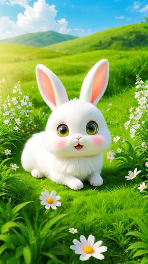 A cute and fluffy and adorable white rabbit big eyes lying on the grass land, 
 Green grasses land, wild flowers bloom. so sweet and enjoy. eat carrots
