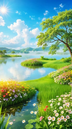 Flowers bloom morning, lake and grass land  , Wild flowers blooming fantastic amazing tale and beautiful flowers tree on the bank, landscape style realistic high quality, depth of field, sunlight through the flowers, beautiful clouds,fairy tone paradise place in the image and amazing place for the best moment.