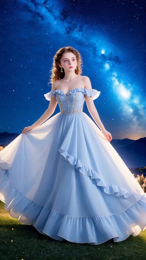 Masterpiece, best, 1 girl, solo, ((extremely exquisite and beautiful)), beautiful long dress with ruffles, Do not sexy, normal dress, Italian girl, 18 years old, milky white skin, beautiful and delicate eyes, night, beautiful starry sky,