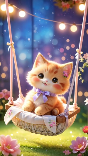  In the living room, there is a soft cloth swing tied with a long ribbon. A cute, fluffy, beautiful and bright kitten is sitting in the soft ribbon swing, swinging happily and smiling happily. soft lighting, depth of field, flowers bloom bokeh background.