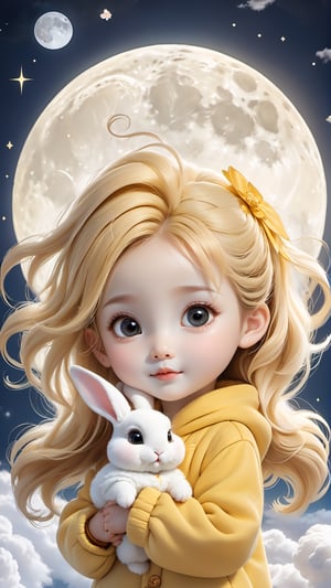 A cute little girl in yellow traditional Chinese is holding an adorable white rabbit baby, sitting on the clouds with her face looking at you. The background of a full moon night and bright sky stars creates a dreamy atmosphere. She has big eyes, curly hair, rosy cheeks, orange , exquisite details, and high-definition wallpaper. 