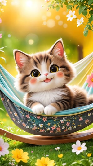Side view shot, Flowers bloom, Spring style, A cute, furry, big-eyed little cat is lying on a portable hammock with a built-in mosquito net. It is enjoying the leisure time. It is smiling and happy. flowers bloom bokeh background.