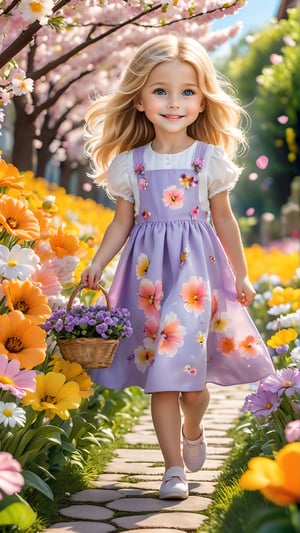 In spring, flowers are in bloom. A beautiful and cute little girl with blond hair is walking in a garden full of flowers. She is holding a super cute kitten on the flower path, smiling happily. The cat's eyes are big, bright and charming. Cute, petals flying in the air.