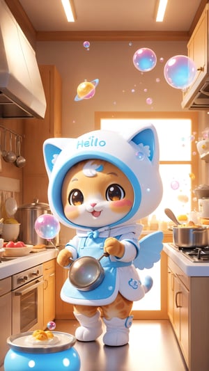 "Chibi" mascots include a cute kitten in a full mascot costume, a mascot in a "Hello" little angel mascot costume, and a mascot standing in the kitchen cooking something with a cute hood on his head. Kitten wearing cherub mascot costume. Naughty and happy smile with many small bubbles floating around, independent lighting, 3D style,
