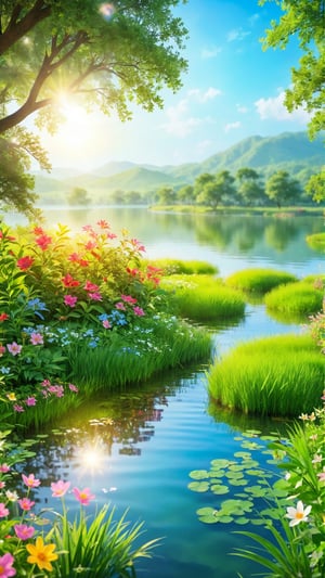Flowers bloom morning, lake and grass land  , Wild flowers blooming fantastic amazing tale and beautiful flowers tree on the bank, landscape style realistic high quality, depth of field, sunlight through the flowers, fairy tone paradise place in the image and amazing place for the best moment.