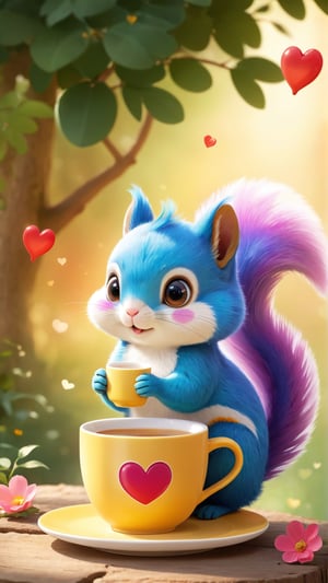A charming illustration of a small rainbow-colored squirrel from India, known as the Indian Rainbow Squirrel Baby, with an empty coffee cup and a heart in delicate porcelain tea cup. Its soft fur and large curious eyes embody the innocence and wonder of this creature. The heart-shaped furry tail peeks out from the cup, adding a touch of playfulness. The scene is decorated with charming details such as delicate tablecloths, vibrant flowers and elegantly fluttering butterflies, creating an enchanting atmosphere. Warm, soft lighting surrounds the viewer in an inviting atmosphere, transporting them into a delightful world of wonder and magic.