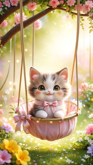  In the garden, there is a soft cloth swing tied with a long ribbon. A cute, fluffy, beautiful and bright kitten is sitting in the soft ribbon swing, swinging happily and smiling happily. soft lighting, depth of field, flowers bloom bokeh background.