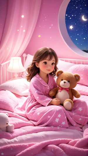 In a peaceful scene under the stars, a beautiful girl lies on a soft bed, wearing comfortable nightgown and sleepwear to help her relax after a long day. Covered by a pink soft and fluffy quilt, it is comfortable and enjoyable. Pajamas and pajamas are made of soft and comfortable fabrics to provide maximum comfort, with a beloved teddy bear in your arms symbolizing warmth, security and childhood nostalgia. The background is set against the vast starry sky, creating a tranquil and dreamy atmosphere. Twinkling stars light up the night, evoking feelings of calm and tranquility.