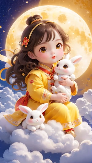 A cute little girl in yellow traditional Chinese is holding an adorable white rabbit baby, sitting on the clouds with her face looking at you. The background of a full moon night and bright sky stars creates a dreamy atmosphere. She has big eyes, curly hair, rosy cheeks, orange , exquisite details, and high-definition wallpaper.