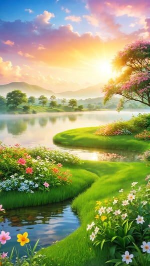 Flowers bloom morning, lake and grass land  , Wild flowers blooming fantastic amazing tale and beautiful flowers tree blooming on the bank, landscape style realistic high quality, sunrise style, beautiful clouds, depth of field, fairy tone paradise place in the image and amazing place for the best moment.