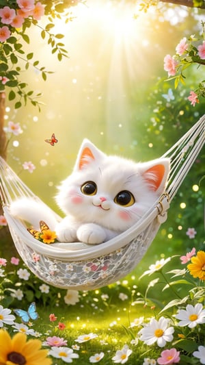 Side view shot, Flowers bloom, Spring style, A cute, furry, big-eyed white little cat is lying on a portable hammock with a built-in mosquito net. It is enjoying the leisure time. It is smiling and happy. butterfly around the there, flowers bloom bokeh background.