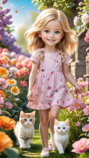 In spring, flowers are in bloom. A beautiful and cute little girl with blond hair is walking in a garden full of flowers. She is holding a super cute kitten on the flower path, smiling happily. The cat's eyes are big, bright and charming. Cute, petals flying in the air.