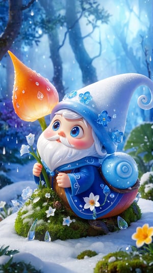 A wizard and his familiar, which is a magical ice snail with white skin and glowing blue crystalline shell, fantasy, snow, ice, flowers bloom and lights soft, digital art, a diminutive gently crying little wizard with curled pointy hat with tears as big as dew drops sitting in the rain on a leaf covered by moss, snowy forest background, tiny flowers, sparkling with frosty snow dew and snow drops, red orange and yellow colors through dappled sunlight,perfecteyes eyes