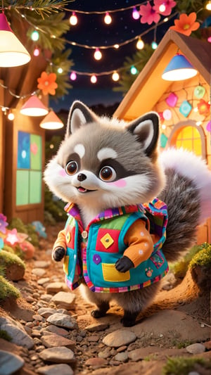 A whimsical scene captures a delightful hybrid of a Raccoon, a Pomeranian, and a Mole. Dressed in a colorful, patchwork vest, it scurries through an underground burrow lit by fairy lights, its fluffy tail, nimble paws, and tiny eyes creating a playful and enchanting atmosphere. Sharpen photo, contrast photo, like a magazine cover, fashion, photo