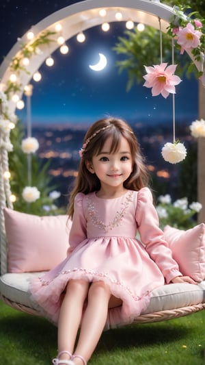 https://s.mj.run/ScKtPHY5ybo Side view shot, full body, Night style, moon, at garden flowers blooming fantastic amazing place, a cute little girl clear details and charming eyes wearing pink long sleeve dress, lying on the fluffy sofa swing, looking forward city lighting, smiling happily and enjoy the best moment, depth of field, flowers blooming fantastic romantic bokeh background ,portraitart,xxmix_girl,Anime 