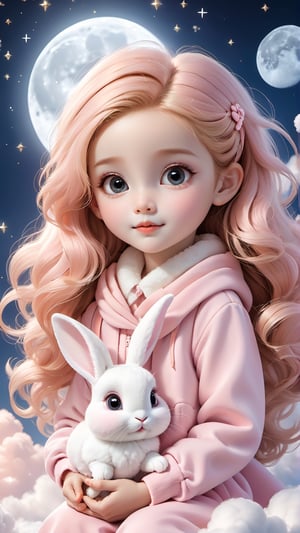 A cute little girl in pink traditional is holding an adorable white rabbit baby, sitting on the clouds with her face looking at you. The background of a full moon night and bright sky stars creates a dreamy atmosphere. She has big eyes, curly hair, rosy cheeks, orange , exquisite details, and high-definition wallpaper. White Clouds
