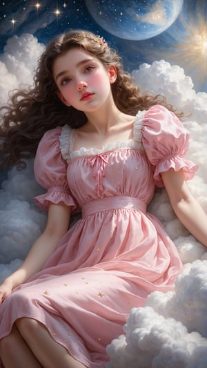 (masterpiece, top quality, best quality, official art, beautiful and aesthetic:1.2), (1girl:1.4), extreme detailed, a girl wearing pink and white dress lying on a cloud, through a starry night, captured in the style of William-Adolphe Bouguereau
