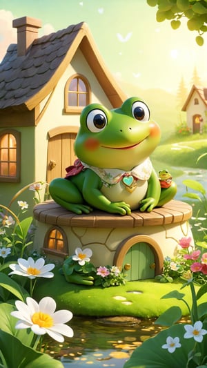 A whimsical and charming illustration by Josias Severo depicting a cute frog, dressed in charming country-style clothing and sleeping with an adorable, contented smile. The frog holds a lush green heart, symbolizing love and warmth. In the background is a beautifully designed cottage surrounded by delicate flowers and plants. The atmosphere was full of warmth and positivity, and the audience felt as if they had stepped into a fairy tale world. At the heart of the illustration is the phrase "Happy Day" written in an elegant gold font, with each letter carefully crafted to add a touch of magic to the scene.