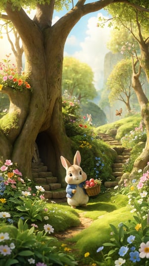 Step into a storybook world where a lovable rabbit plays among the trees and flowers, in a scene that could have been illustrated by Beatrix Potter herself., cinematic, illustration