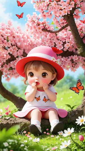 In spring, Pink and white flowers are blooming. There is a cute little girl wearing a red hat and T-shirt sitting under a flower tree. Her mouth is pouting and her cute expression is really cute and playful. Wild flowers are blooming and butterflies are flying. It's like a fairyland. Movie scene. Depth of field. ,