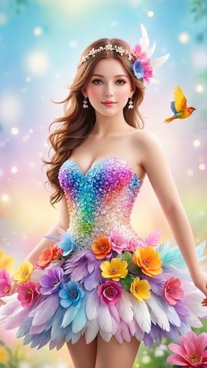 Belleza extraordinaria hiperrealista cuerpo completo vestido hecho de plumas de petalos de flores de colores silvestres hiperrealista, light bokeh background.