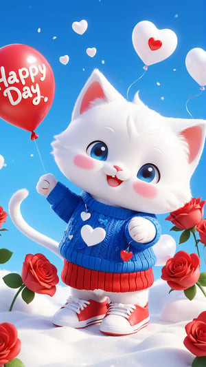 A warm and vibrant 3D rendering of a chibi cute furry white kitten wearing a red sweater and matching blue sneakers. He held a bouquet of roses and a heart-shaped balloon with ((( "Happy Day" )))written in elegant fonts. The little hearts surrounding it add to the sweetness of the scene. The snowy background, warm colors, and cozy atmosphere create a feeling of happiness and love. Meticulous attention to detail and attention to typography make it a captivating poster or photo, perfect for brightening any space.