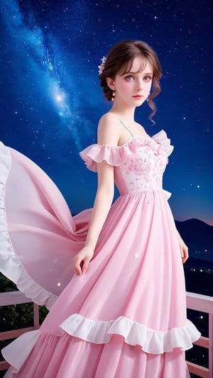 Masterpiece, best, 1 girl, solo, ((extremely exquisite and beautiful)), beautiful pink and white long dress with ruffles, Do not sexy, normal dress, Italian girl, 18 years old, milky white skin, beautiful and delicate eyes, night, beautiful starry sky,