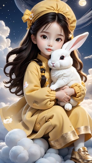 A cute little girl in yellow traditional Chinese is holding an adorable white rabbit baby, sitting on the clouds with her face looking at you. The background of a full moon night and bright sky stars creates a dreamy atmosphere. She has big eyes, curly hair, rosy cheeks, orange , exquisite details, and high-definition wallpaper. 