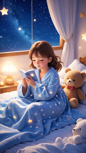 In a peaceful scene under the stars, a beautiful girl lies on a soft bed, wearing comfortable nightgown and sleepwear to help her relax after a long day. Covered by a soft and fluffy quilt, it is comfortable and enjoyable. Pajamas and pajamas are made of soft and comfortable fabrics to provide maximum comfort, with a beloved teddy bear in your arms symbolizing warmth, security and childhood nostalgia. The background is set against the vast starry sky, creating a tranquil and dreamy atmosphere. Twinkling stars light up the night, evoking feelings of calm and tranquility.