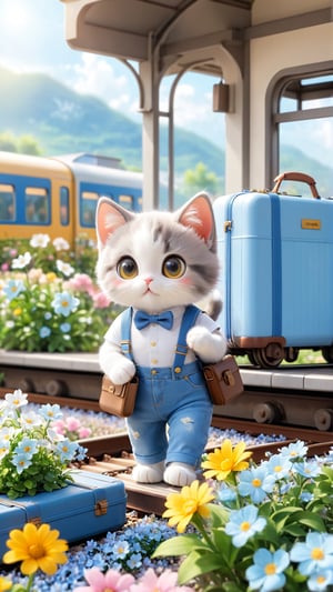 Flowers bloom, Train station, a scene of blooming flowers, a train stopped in front of the station, a cute furry kitten with big eyes, wearing light blue and white T-shirt and suspender jeans, holding a suitcase and preparing to board the train, depth_of_field, flowers bloom bokeh background, movie scene style, realistic high quality.