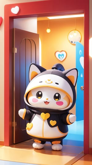 The mascots of chibi include a cute kitten wearing a full mascot costume, a little penguin mascot costume with "Hello" written on it, hiding behind the door and smiling playfully,  a cute hood on its head, and its whole body covered in mascot costumes. Naughty and happy smile,little hearts floating around, independent lighting, 3d style, Xxmix_Catecat