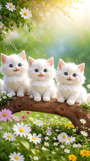Three cute and fluffy white fat fluffy kittens smile and happy, flowers bloom on the wooden tree and wild flowers blooming.light bokeh background, depth of field.