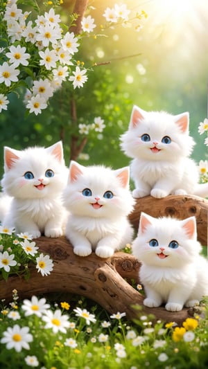 Three cute and fluffy white fat fluffy kittens smile and happy, flowers bloom on the wooden tree and wild flowers blooming.light bokeh background, depth of field.