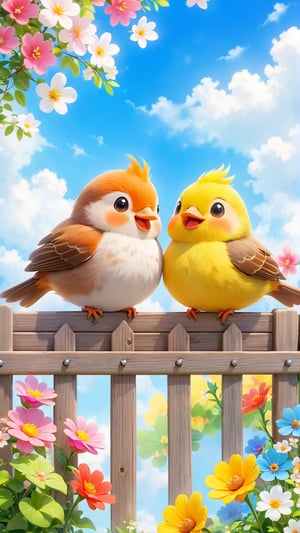 The wooden fence is covered with colorful flowers. Two cute and adorable little birds stand on the fence and smile happily. small mouth, small body, The flowers are in bloom, the blue sky and white clouds make the beautiful picture look like heaven. flowers bloom bokeh background.