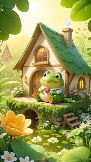 A whimsical and charming illustration by Josias Severo depicting a cute frog, dressed in charming country-style clothing and sleeping with an adorable, contented smile. The frog holds a lush green heart, symbolizing love and warmth. In the background is a beautifully designed cottage surrounded by delicate flowers and plants. The atmosphere was full of warmth and positivity, and the audience felt as if they had stepped into a fairy tale world. At the heart of the illustration is the phrase "Happy Day" written in an elegant gold font, with each letter carefully crafted to add a touch of magic to the scene.