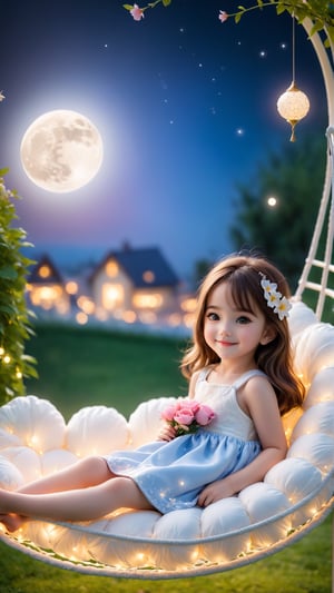 https://s.mj.run/ScKtPHY5ybo Side view shot, full body, Night style, moon, at garden flowers blooming fantastic amazing place, a cute little girl clear details and charming eyes covered with thin silk quilt lying on the fluffy sofa swing, looking forward city lighting, smiling happily and enjoy the best moment, depth of field, flowers blooming fantastic romantic bokeh background ,portraitart,xxmix_girl,Anime 