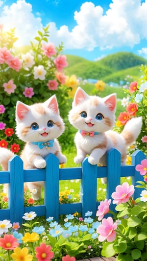 Spring flowers blooming style, The wooden fence is covered with colorful flowers. three cute and adorable little fuzzy kittens stand on the fence and smile happily. small mouth, small body, The flowers are in bloom, the blue sky and white clouds make the beautiful picture look like heaven. flowers bloom bokeh background.