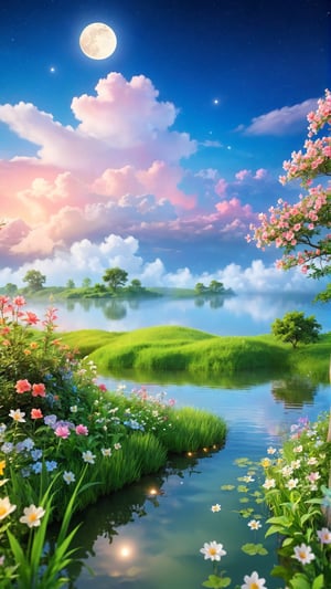 Night style, moon light and beautiful clouds, Flowers bloom morning, lake and grass land  , Wild flowers blooming fantastic amazing tale and beautiful flowers tree on the bank, landscape style realistic high quality, beautiful clouds, depth of field, fairy tone paradise place in the image and amazing place for the best moment.