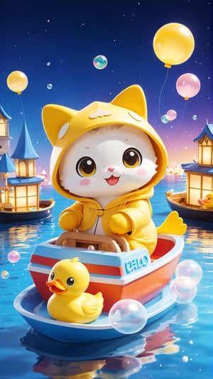 The "Chibi" mascots include a cute kitten wearing a full mascot costume, a yellow duck mascot wearing "Hello", a mascot sitting on a cute boat, and a cute hood on his head. Little kitten wearing duck mascot costume. Naughty and happy smile, many small bubbles floating around, independent lights, 3D style,