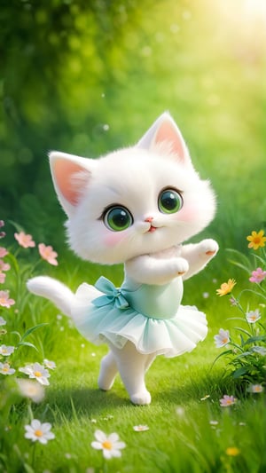 A cute and fluffy and adorable white kitten big eyes wearing Ballet clothes and shoes, dancing gracefully on the grass land, Green grasses land, wild flowers bloom. so sweet and enjoy. A fluffy beautiful little kitten ballerina, flowers blooming fantastic bokeh background.
