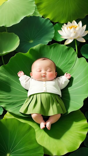 A little chubby adprab;e little baby sleeping on a lotus leaf. This full body portrait depicts the baby wearing a white shirt and green skirt, with large leaves in front of her and lotus flowers behind his head. The background is simple, The skin texture is rendered super realistically and the expression appears natural, with high definition details throughout the ultrahigh resolution image.