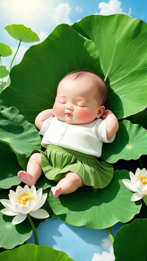Simmer style, flowers bloom, A little chubby adprab;e little baby sleeping on a lotus leaf. This full body portrait depicts the baby wearing a white shirt and green skirt, with large leaves in front of her and lotus flowers behind his head. The background is simple, The skin texture is rendered super realistically and the expression appears natural, with high definition details throughout the ultrahigh resolution image. blue sky white clouds