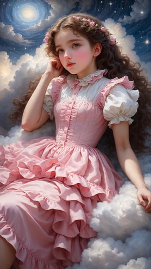 (masterpiece, top quality, best quality, official art, beautiful and aesthetic:1.2), (1girl:1.4), extreme detailed, a girl wearing pink and white Ruffles dress lying on a cloud, through a starry night, captured in the style of William-Adolphe Bouguereau