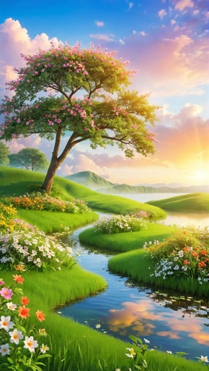 Flowers bloom morning, lake and grass land  , Wild flowers blooming fantastic amazing tale and beautiful flowers tree on the bank, landscape style realistic high quality, sunrise style, beautiful clouds, depth of field, fairy tone paradise place in the image and amazing place for the best moment.