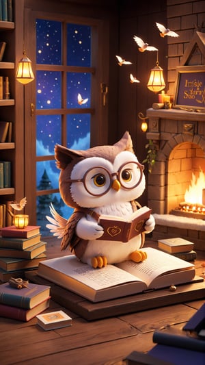 A wise claymation owl with glasses and a tiny book in its wings.
Scene: Inside an enchanted library, the owl reads to animated books and quills. Floating bookshelves, glowing letters, and a warm fireplace create a cozy, magical setting perfect for storytelling.